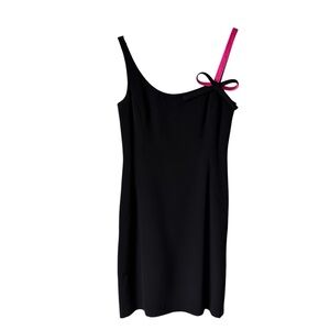 Vintage 100% Silk Black Cocktail Dress with Pink Bow Shoulder Accent, 8